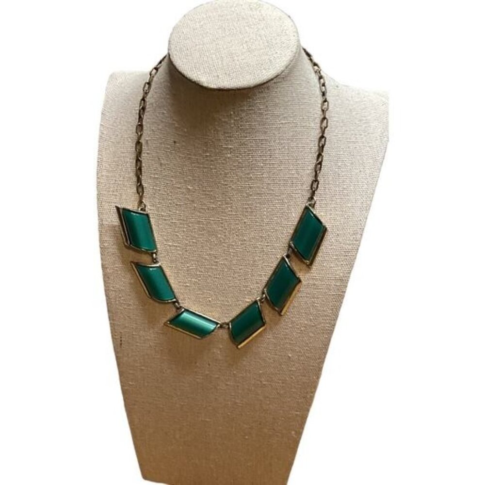 Vintage Green Chevron Necklace With Gold-Tone Chain & Fishhook Clasp